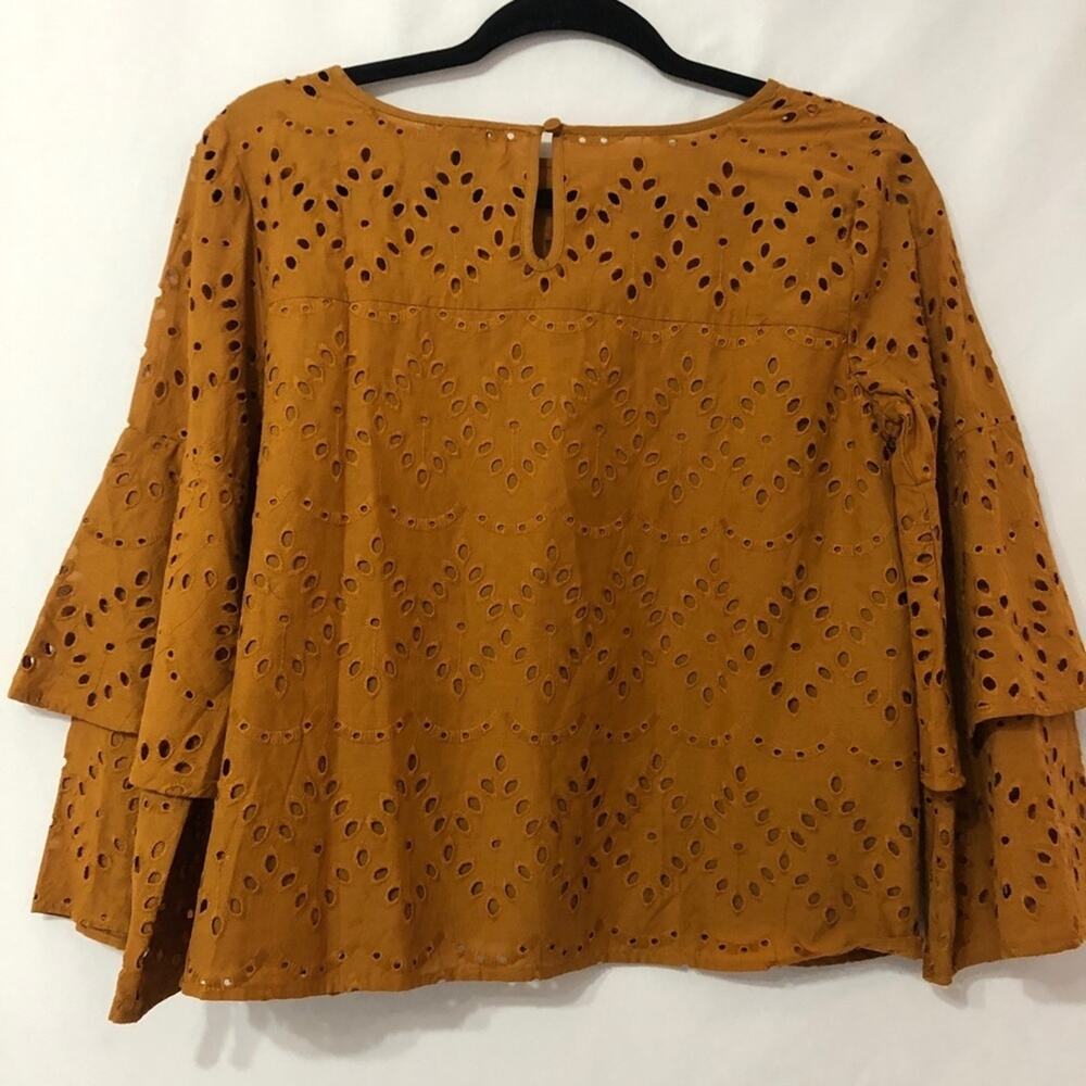 Ann Taylor Yellowish Brown Eyelet Layered Bell Sleeve Top Women XS Boho Romantic - Picture 6 of 8